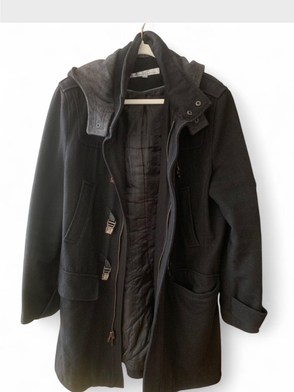 Men's Black Hooded Wool Blend Coat - Kenneth Cole, MED